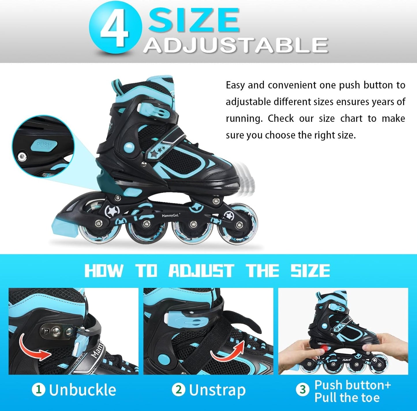 MammyGol Adjustable Inline Skates for kids - Teal