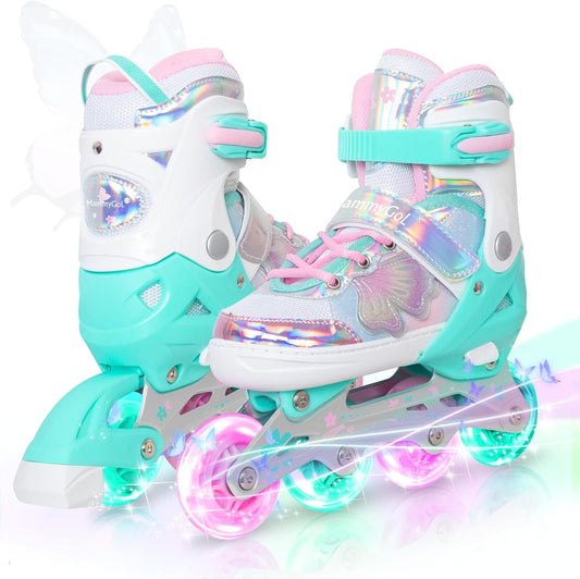 MammyGol Adjustable Butterfly Inline Skates for Kids-Pink&Teal