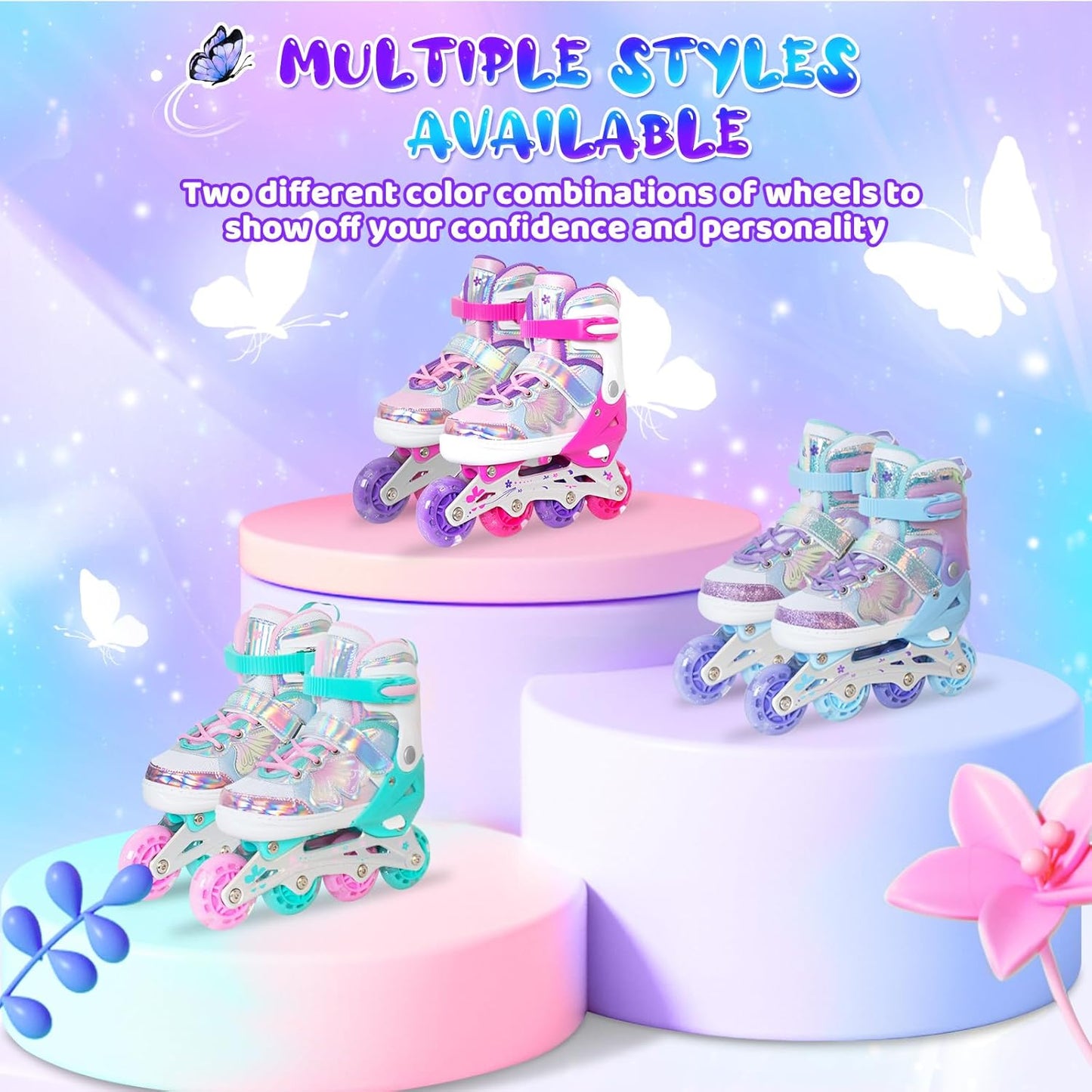 MammyGol Adjustable Butterfly Inline Skates for Kids-Pink&Teal