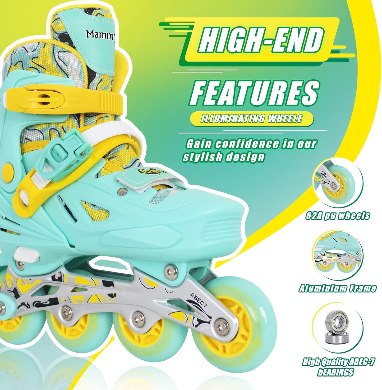 MammyGol Inline Skates for Girls and Boys-Teal