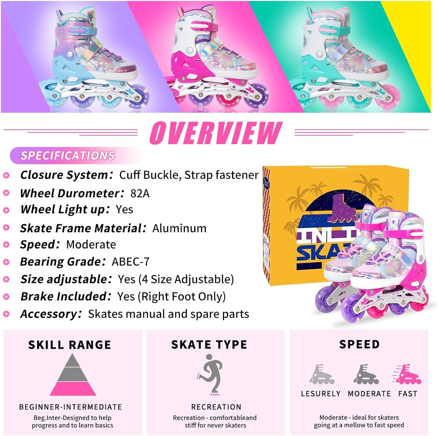 MammyGol Adjustable Butterfly Inline Skates for Kids-Rosy
