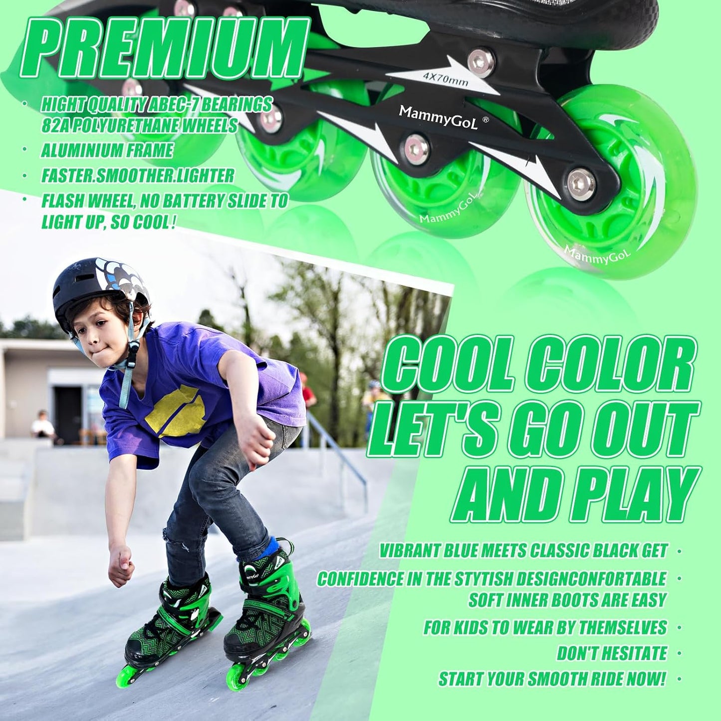 MammyGol Beginner Inline Skates for Kids-Green