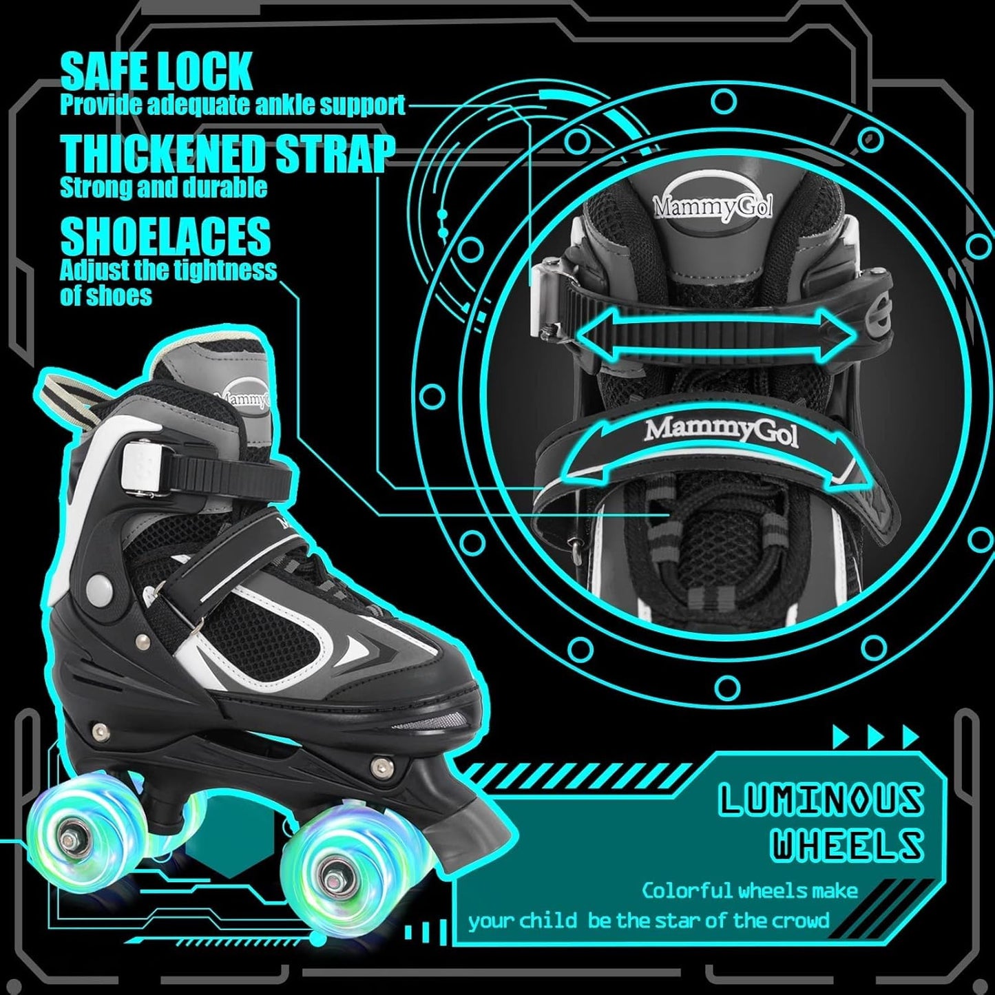 MammyGol Roller Skates for Boys Girls-Black