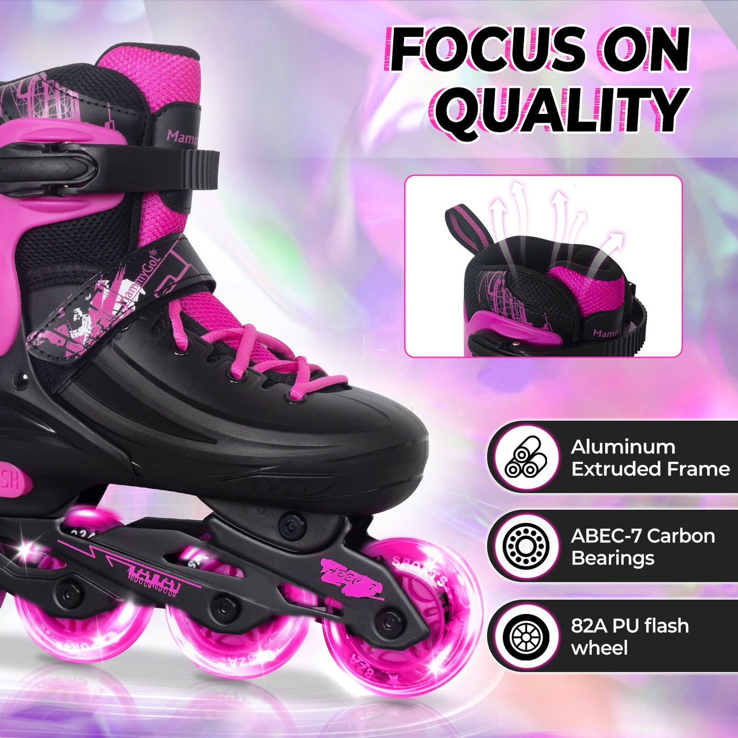 MammyGol Adjustable Inline Skates for Kids Youths Adults-Rosy