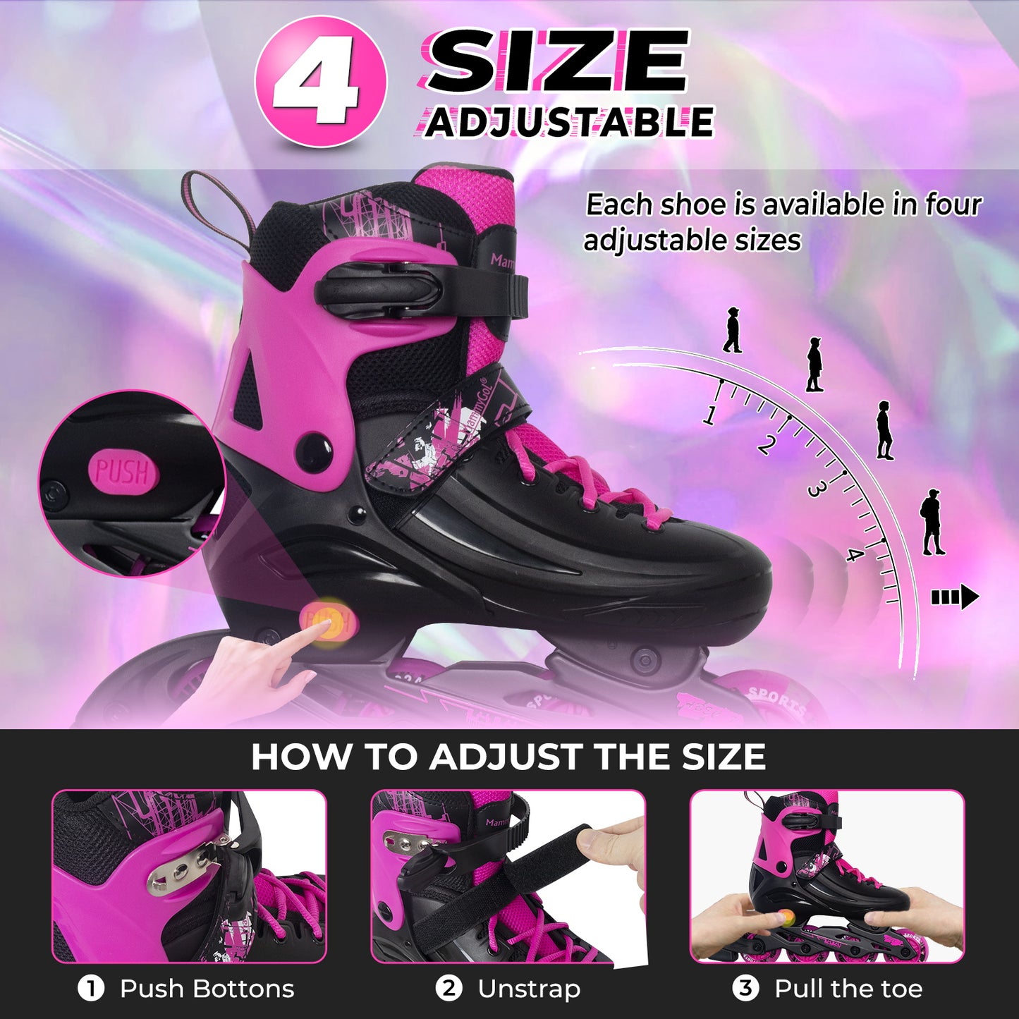 MammyGol Adjustable Inline Skates for Kids Youths Adults-Rosy