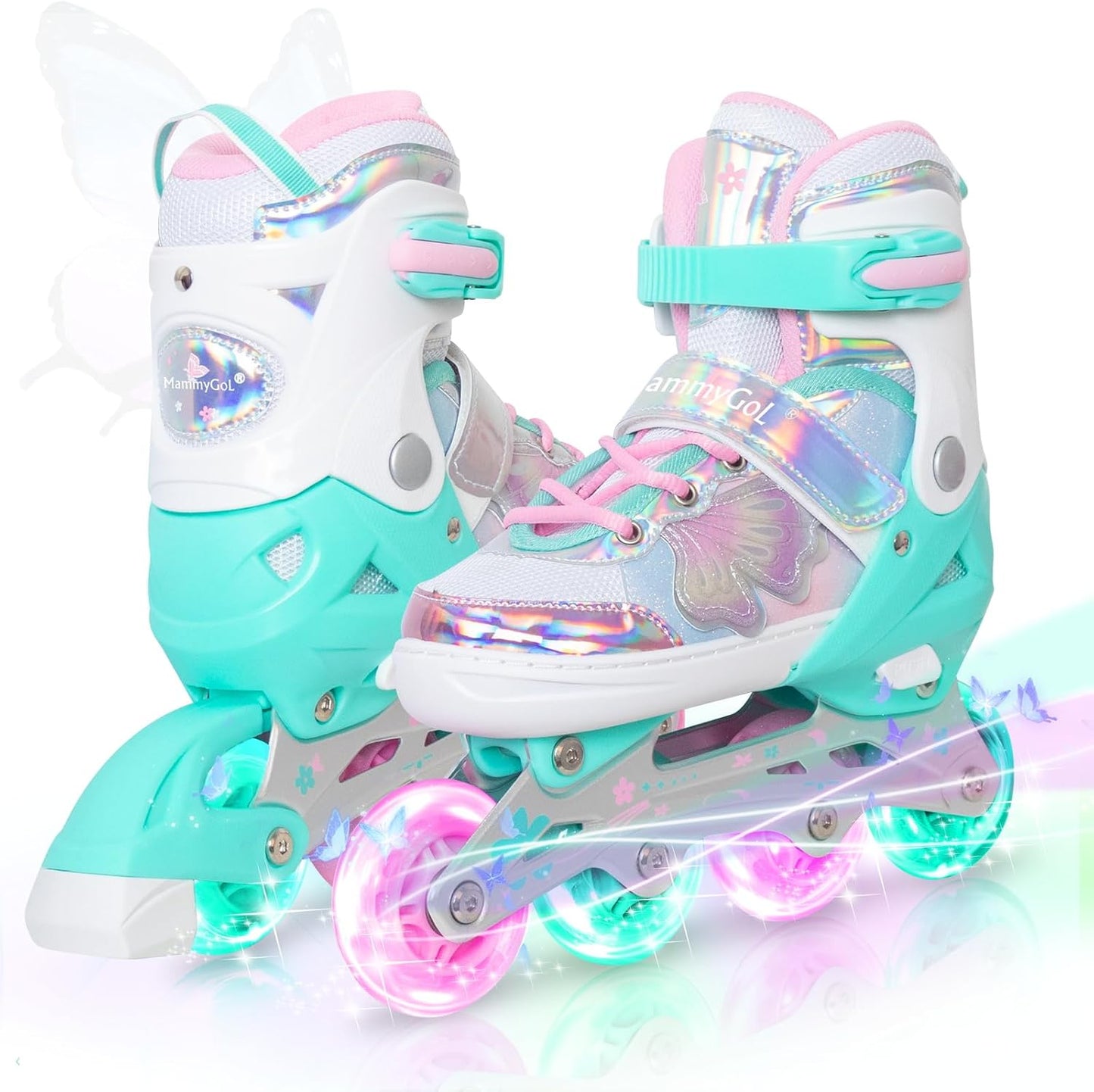 MammyGol Adjustable Butterfly Inline Skates for Kids-Pink&Teal