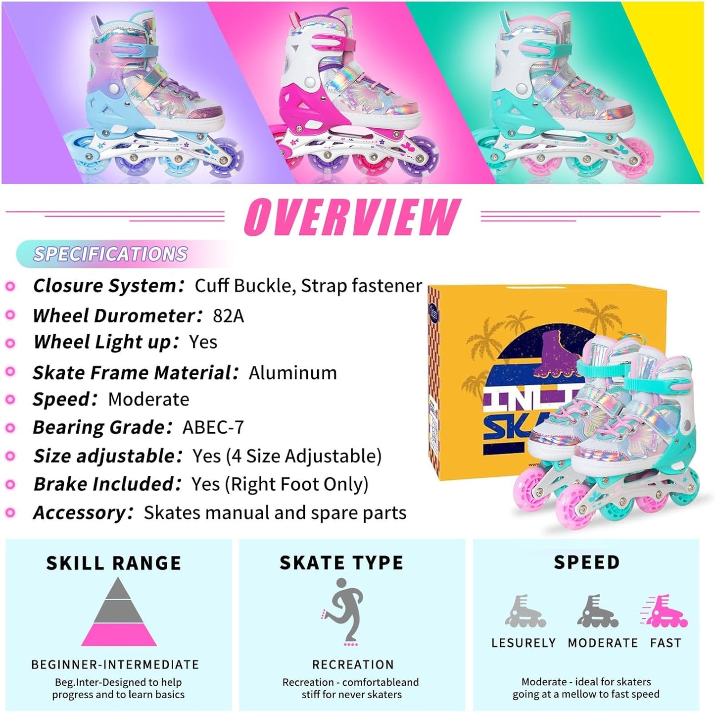 MammyGol Adjustable Butterfly Inline Skates for Kids-Pink&Teal